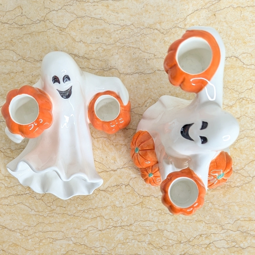 Vintage Fitz & Floyd Halloween Pair Ceramic Candle Holder Ghost Pumpkin Figurine - Picture 3 of 15